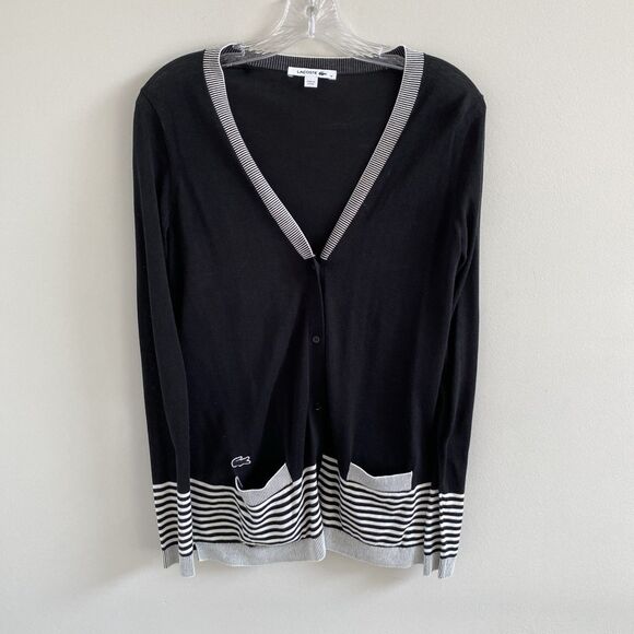 LACOSTE Black Button Cardigan Sweater 100% Cotton Pockets Croc Logo Size 36 - Picture 1 of 5